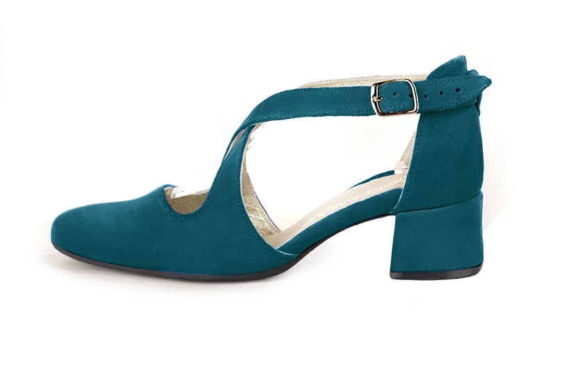 Women's peacock blue elegant closed-back heels, with crossed straps. .  - Profile view